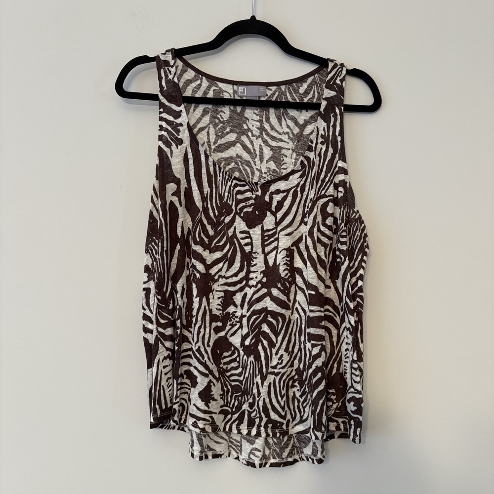 JCP 100% Linen Zebra Print Tank Top Brown XL Coastal Resort Boho Novelty Artsy